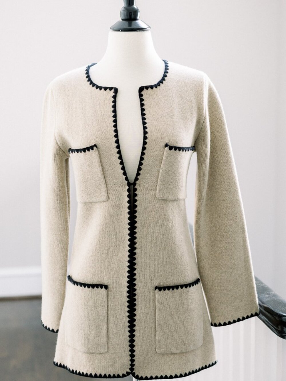 Reformation 100% Merino Wool Knit Jacket | Beige with Black Trim | NWOT